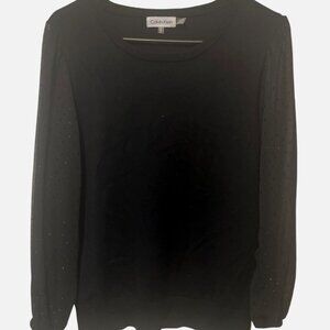 Calvin Klein Black Sweater With Sheer Polka Dot Sleeves M Elegant Holiday Party